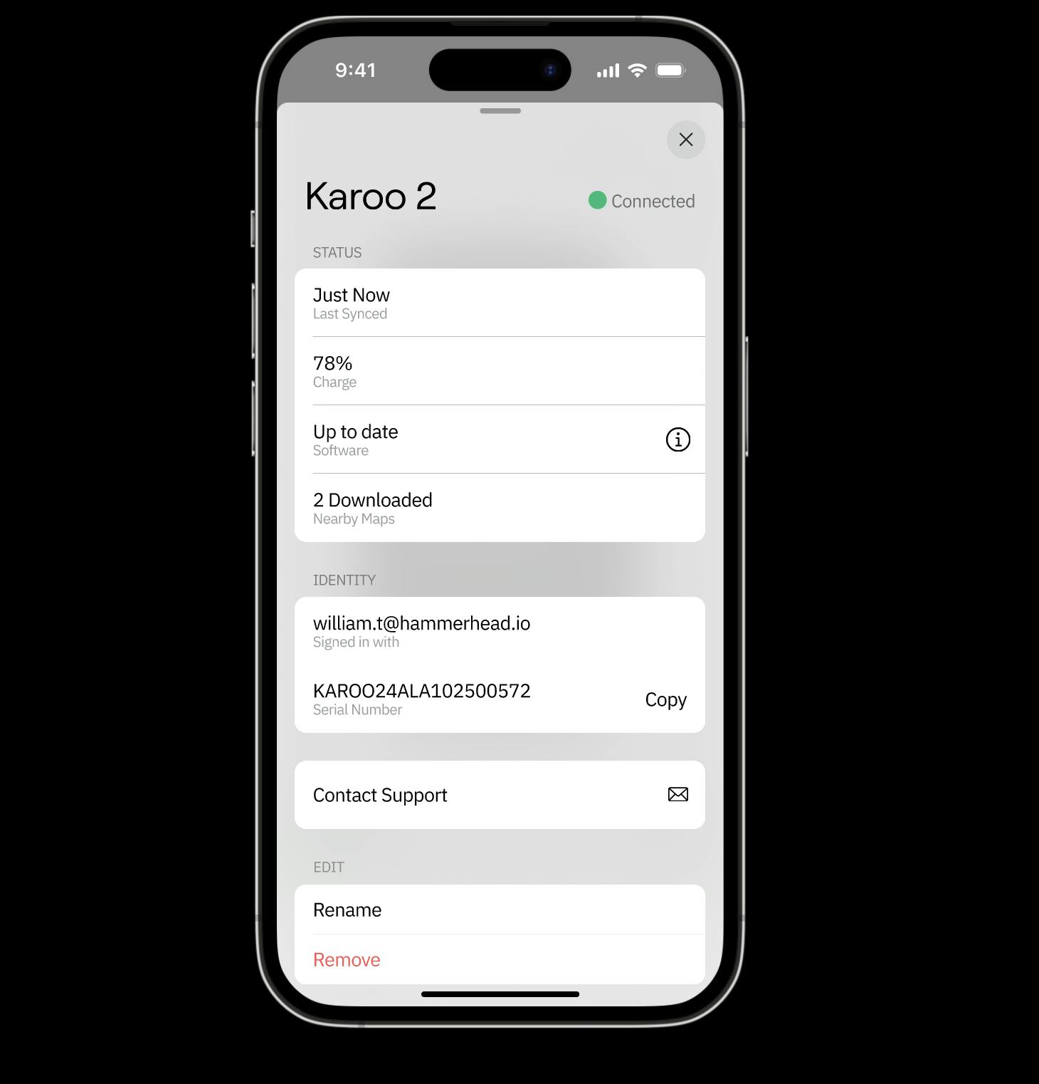 An iPhone showing off the Karoo Companion App's configuration pages in a light color theme