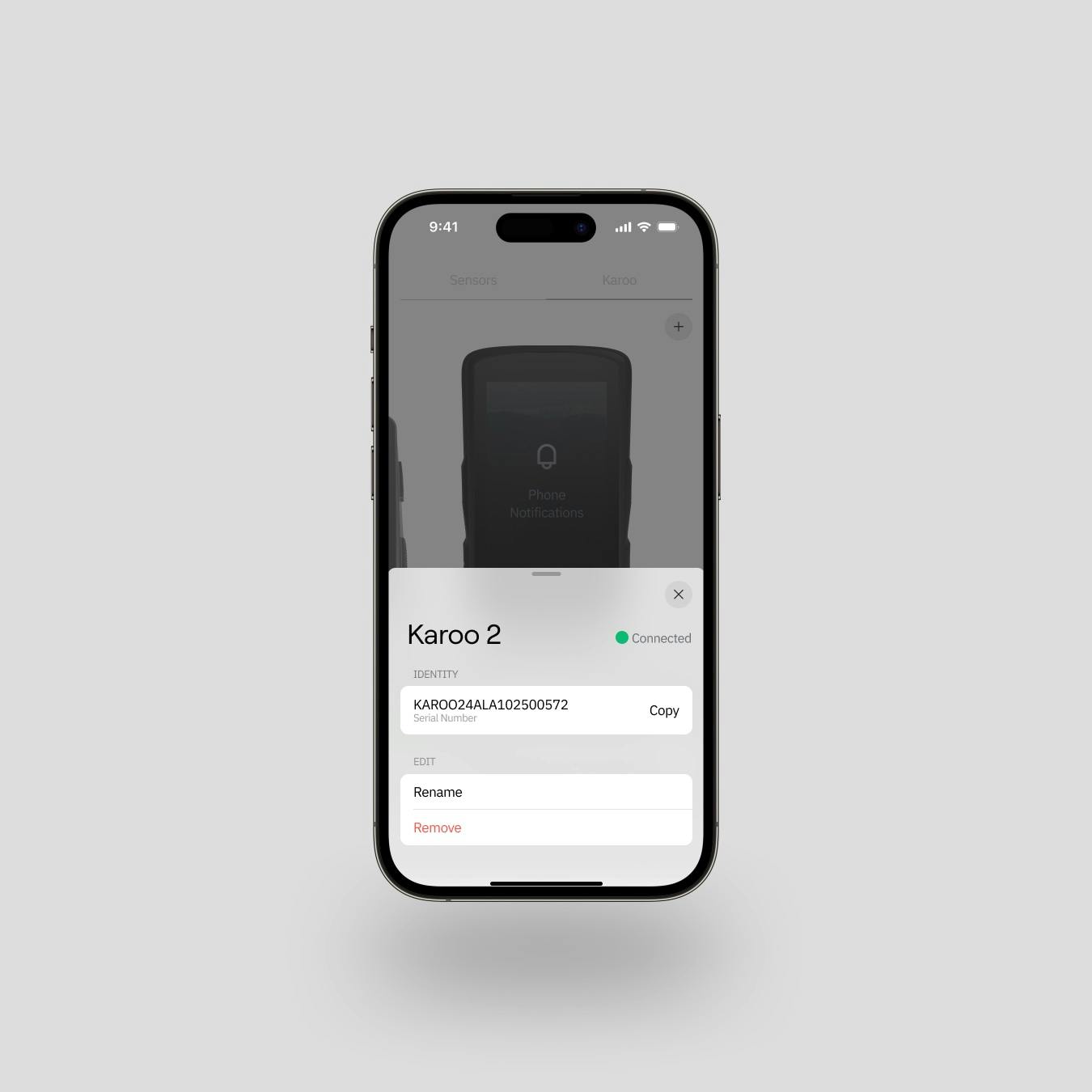 An iPhone showing the companion app's minimal device detail page for legacy devices