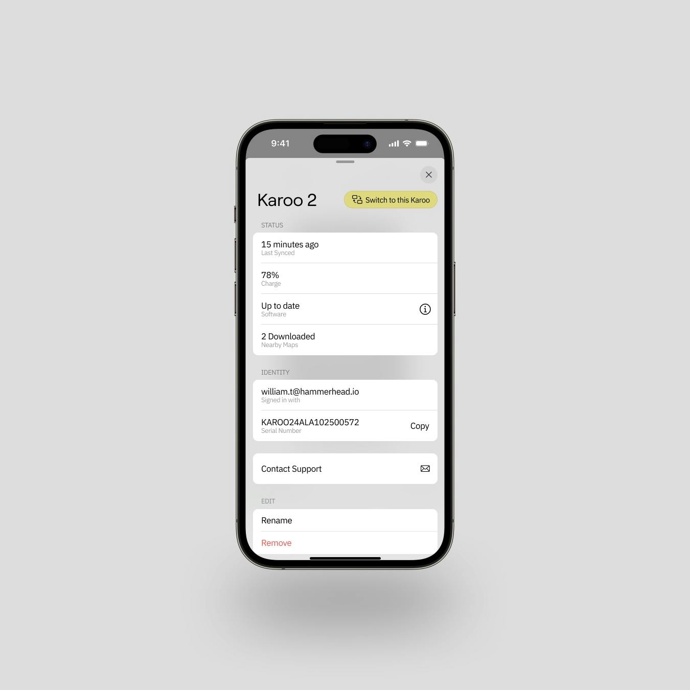 An iPhone showing the companion app's device detail page 