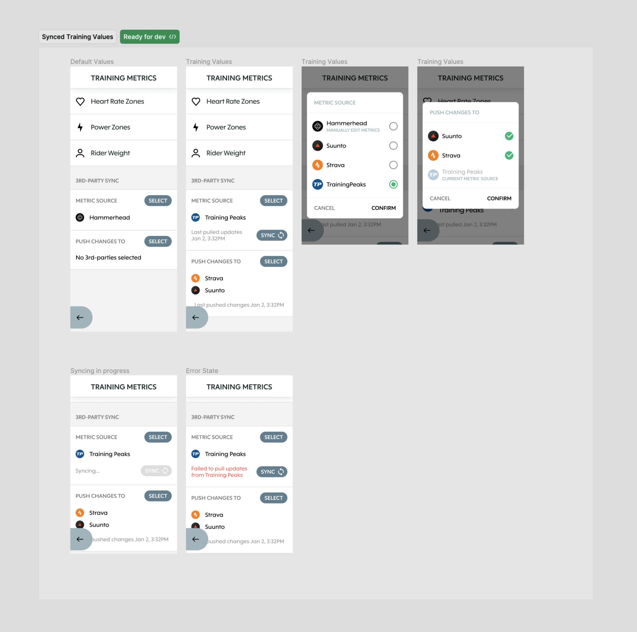 Screens showing how a user can adjust their training metric sources on device