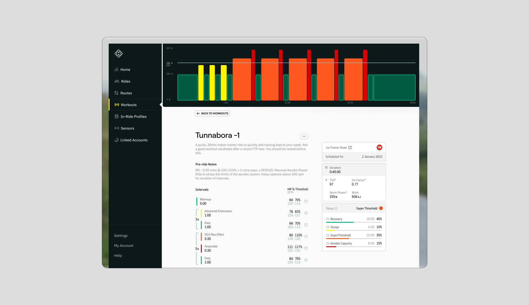 A screenshot of the Hammerhead Dashboard's workout detail page