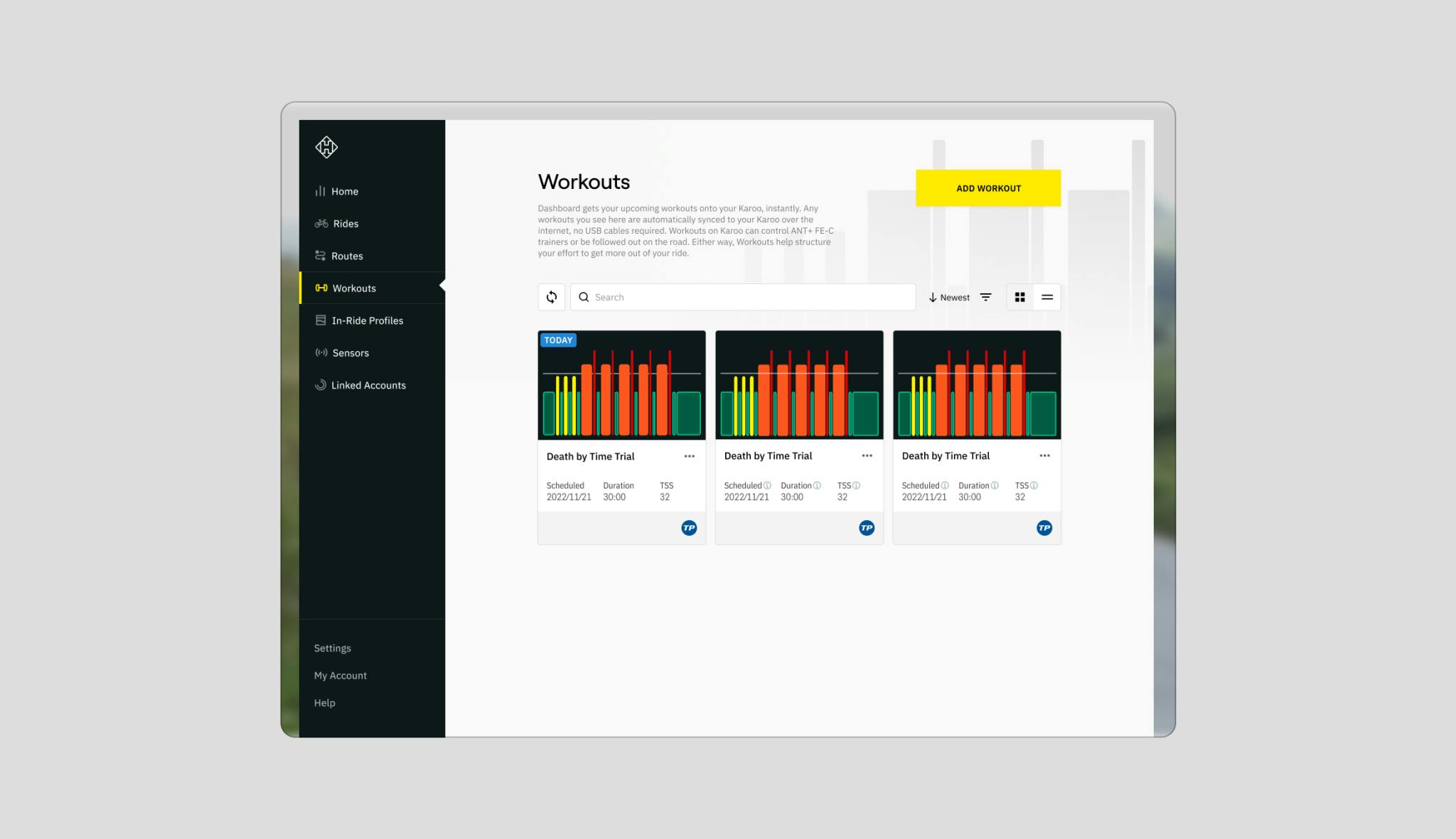 A screenshot of the dashboard workout browser