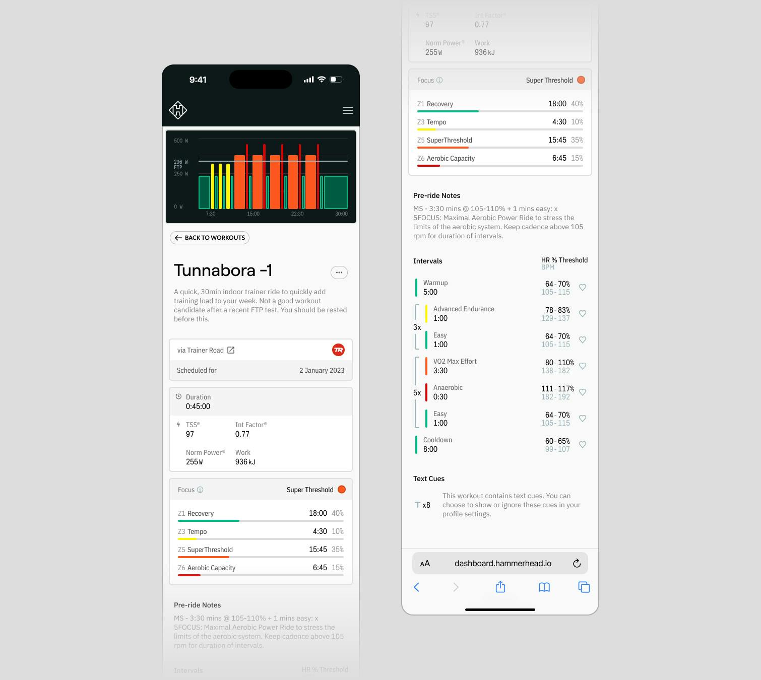 A screenshot of the workout detail page in a responsive breakpoint
