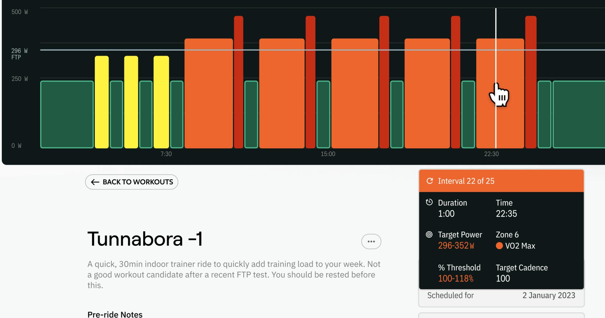 A screenshot of mouse interactivity on the workout detail page chart