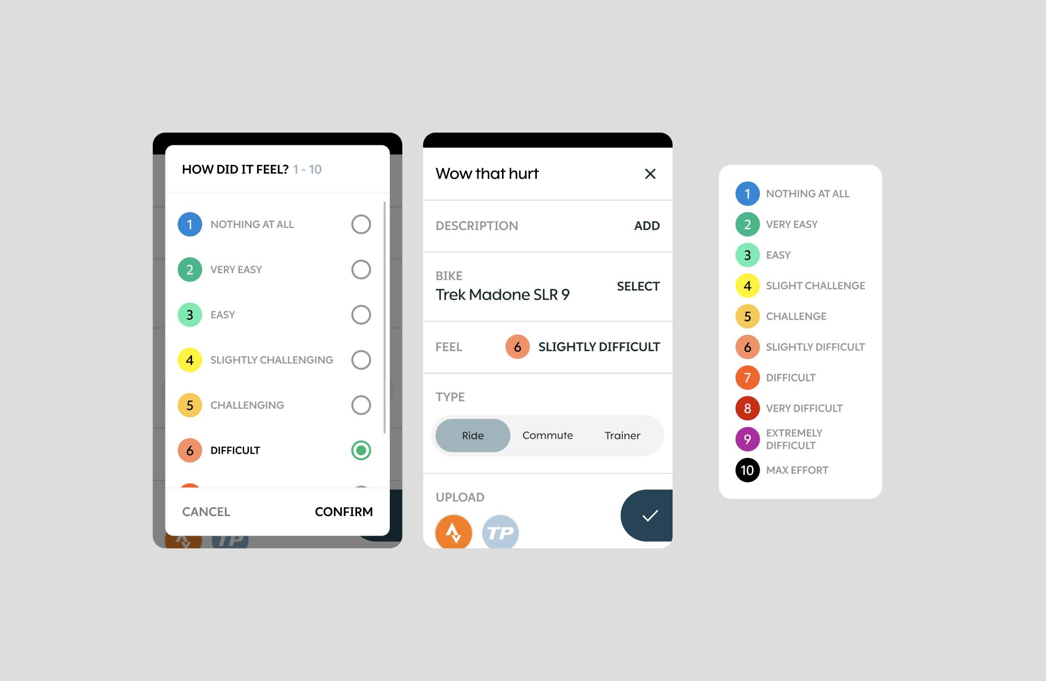 UI elements of the Karoo RPE survey screens