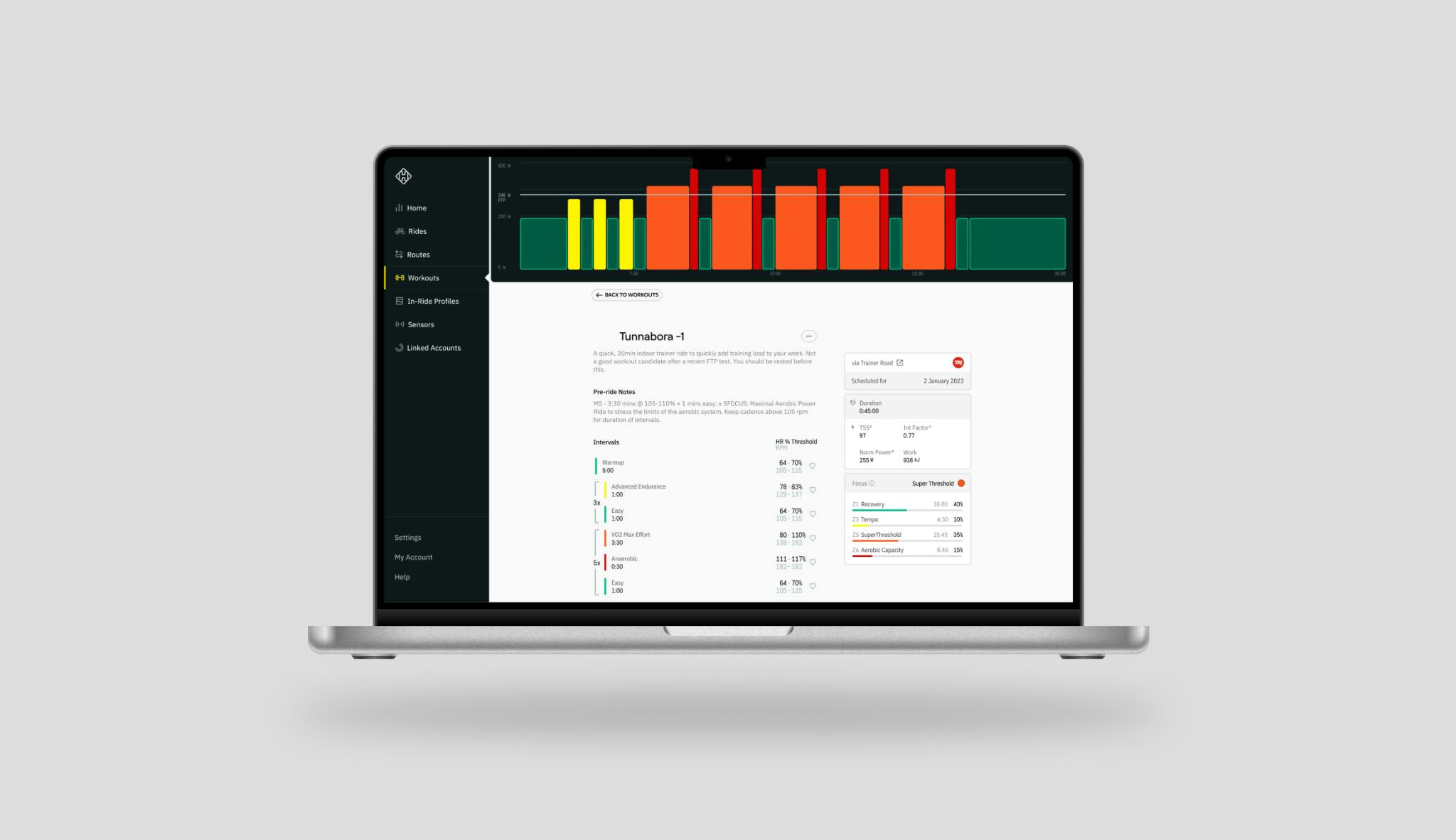 A mockup of the Dashboard workout detail page on a MacBook
