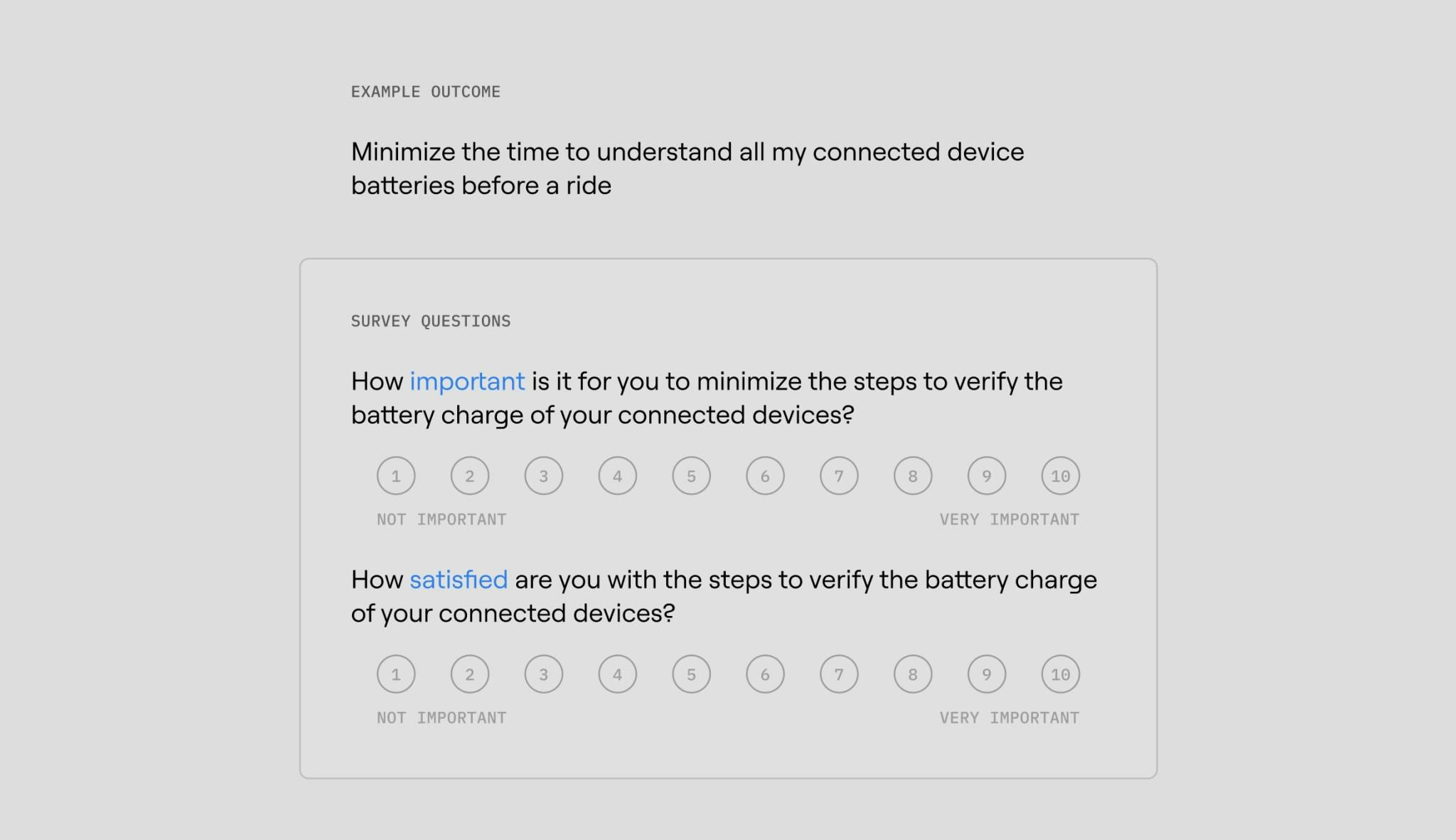 Example survey questions to test an outcome statement