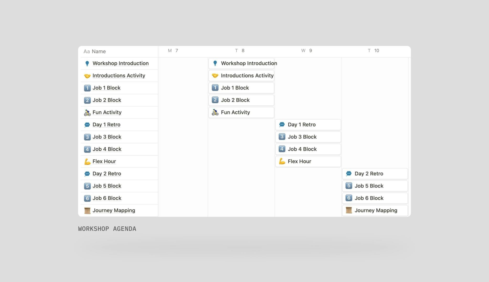 A screenshot of my workshop timeline in Notion