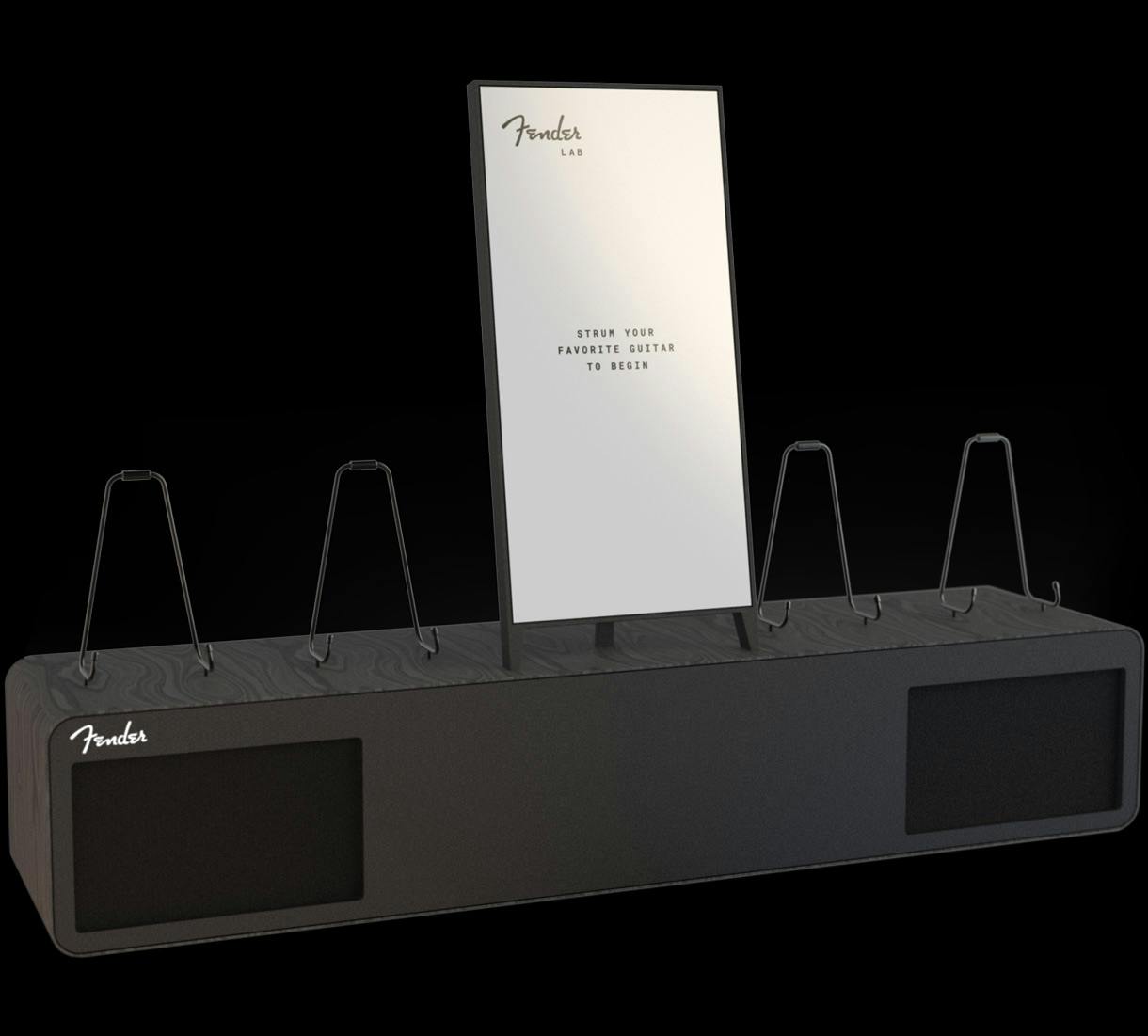 A 3D rendering of a Fender Guitars in-store display