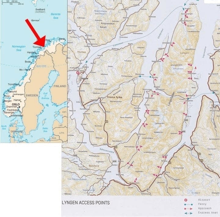 A map of Norway pointing out Lyngen in the North