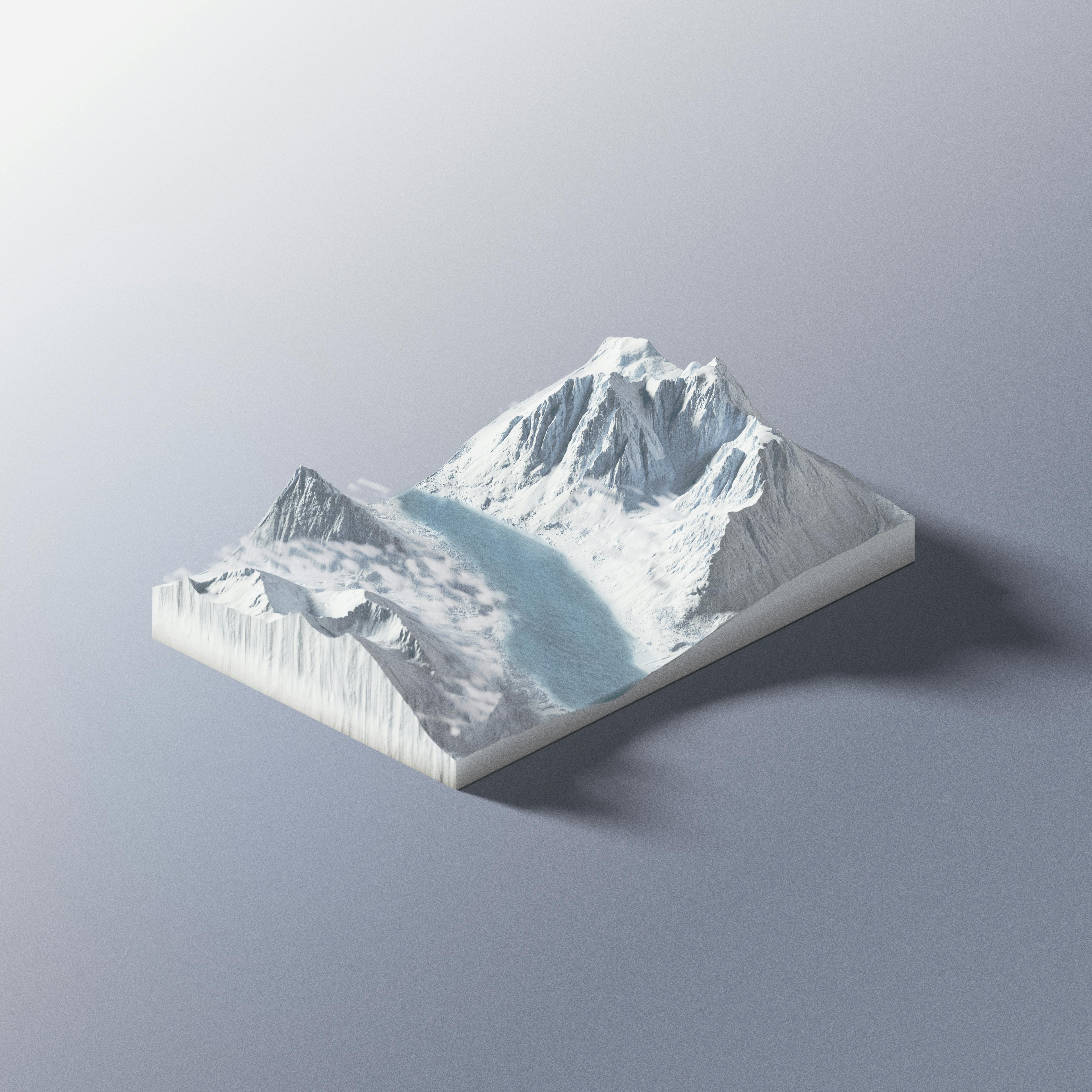 A 3D rendered image of a mountain
