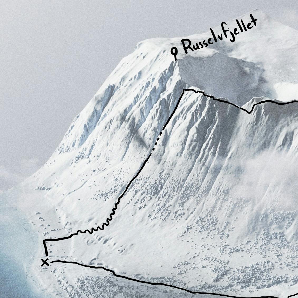 A drawing over a map of a mountain