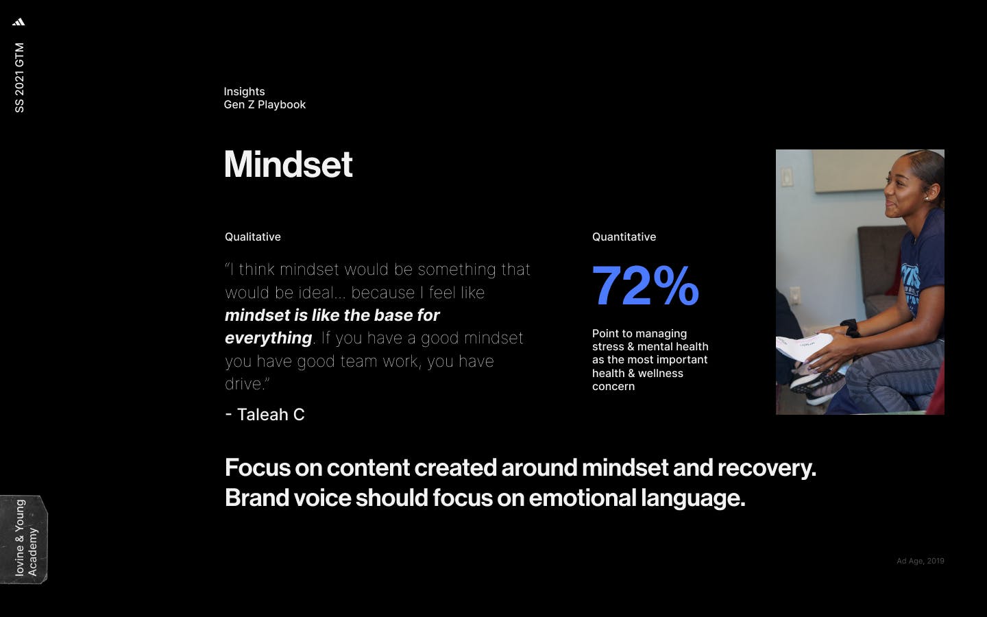 A slide from a marketing pitch with data on mindset