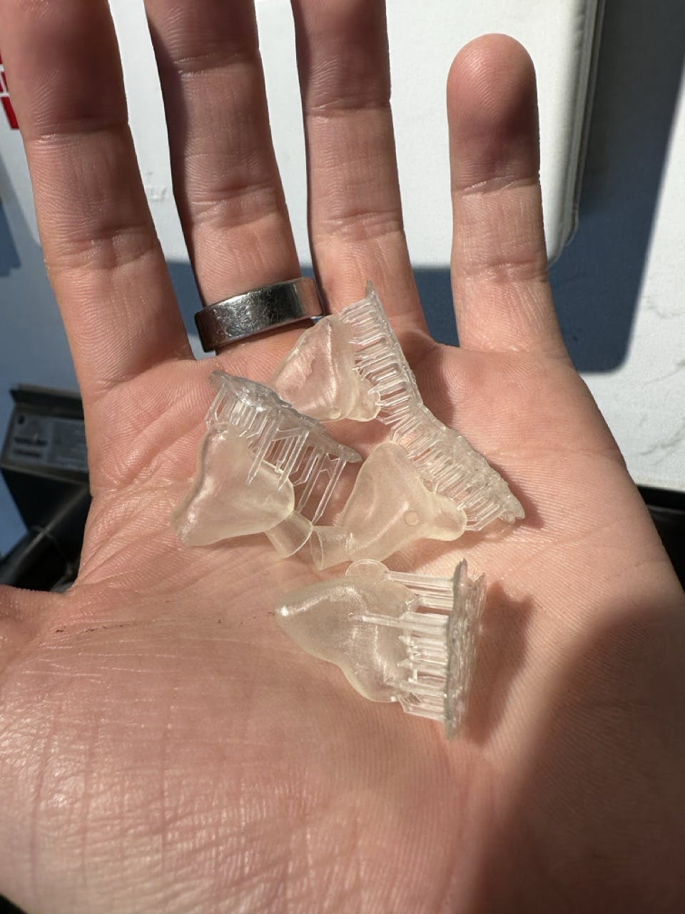 Ear plug mold shells in the palm of a hand
