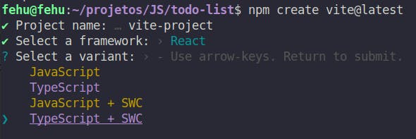 Variant selection on Vite, choosing Typescript