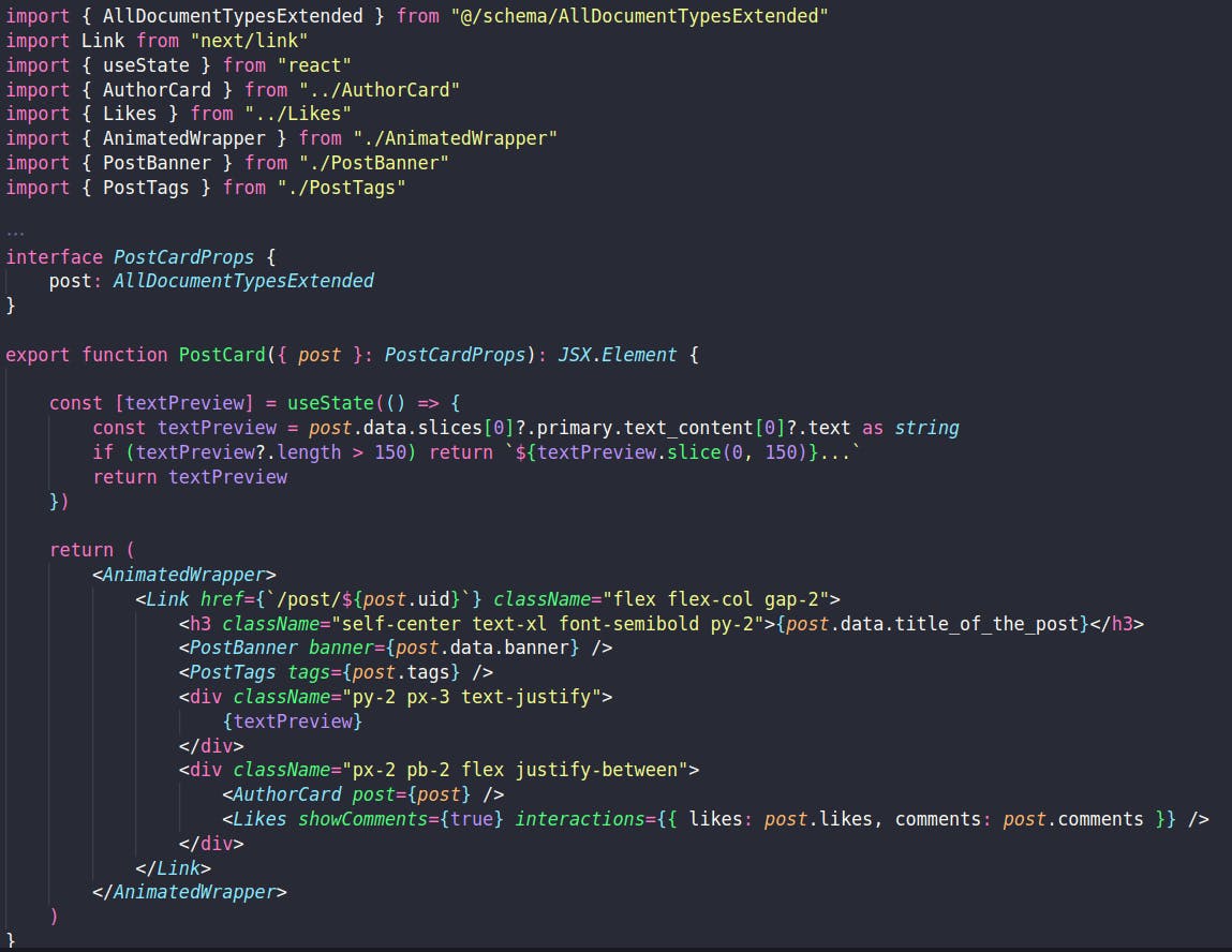 Blog's PostCard Component after refactor ScreenShot