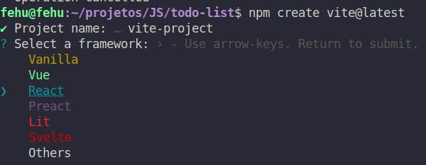 Framework selection on Vite, choosing React