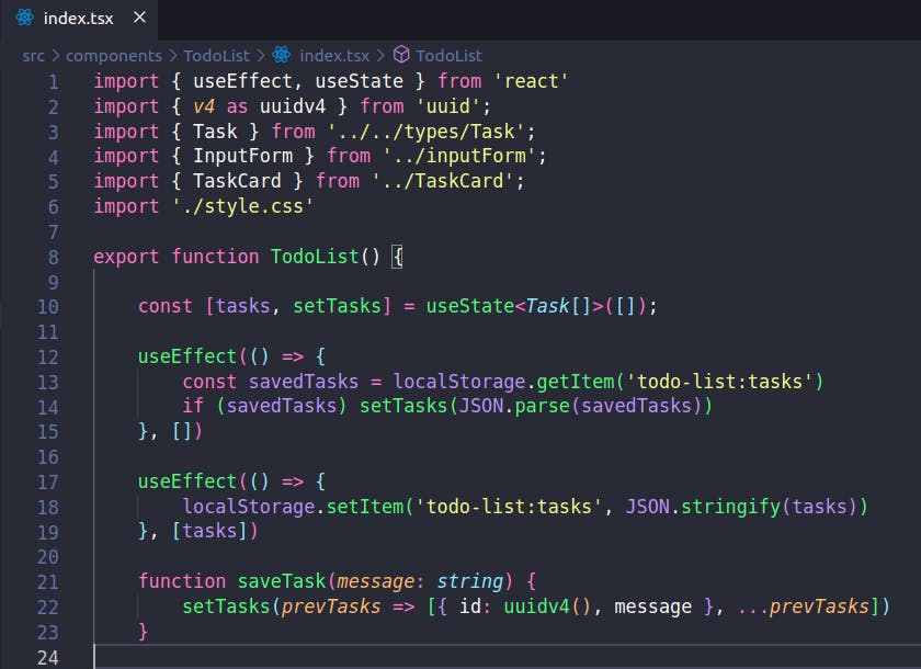 TodoList component with useEffect hooks saving and reading the localStorage