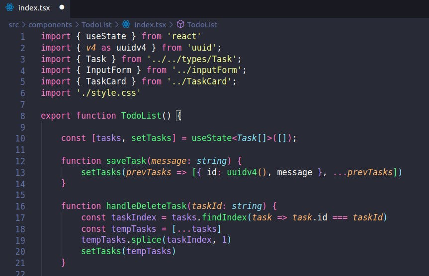 TodoList file after adding state for tasks, saveTask and handleDeleteTask functions.