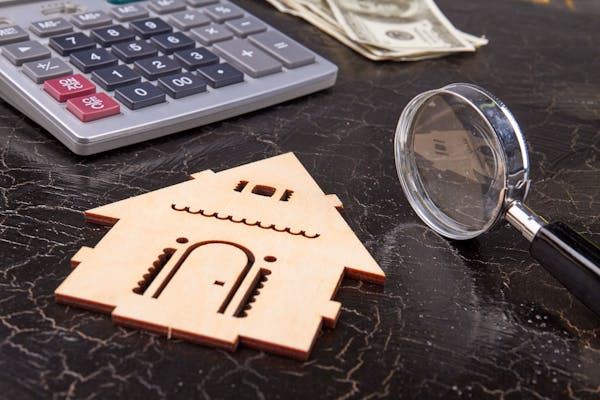 Houten huisje, vergrootglas, rekenmachine en dollars op een tafel
