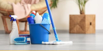 mop and bucket full of cleaning supplies