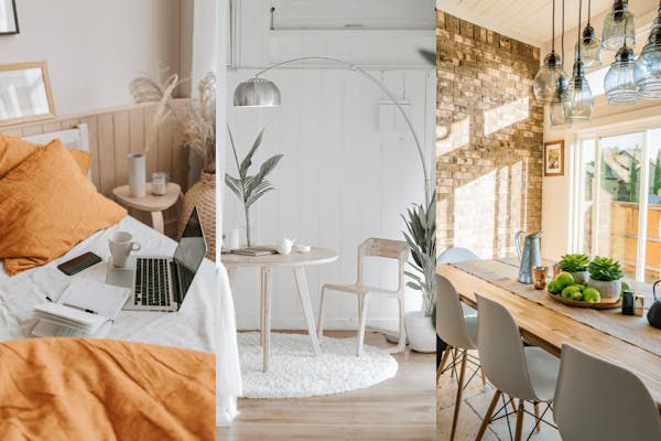 Slaapkamer met laptop en tafels met stoelen 