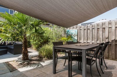Tuin met terras en palmboom 