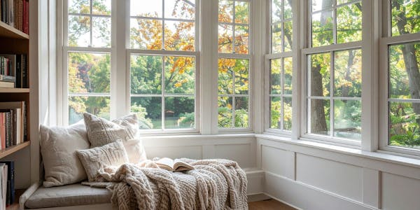 Hoek in het huis met bank en kussens en uitzicht op de tuin