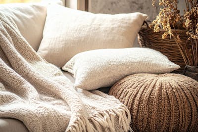 Bank met dekens, kussens en poef