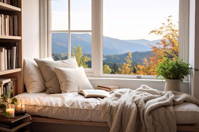 Zithoek met bank en kussens en een boekenkast met uitzicht