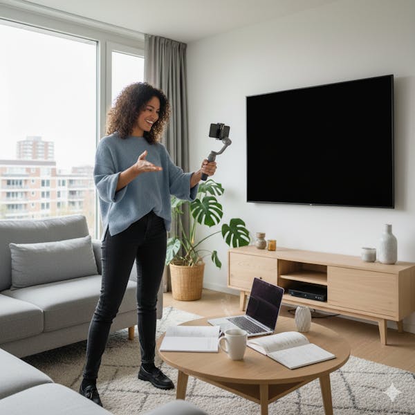 content creator in woonkamer