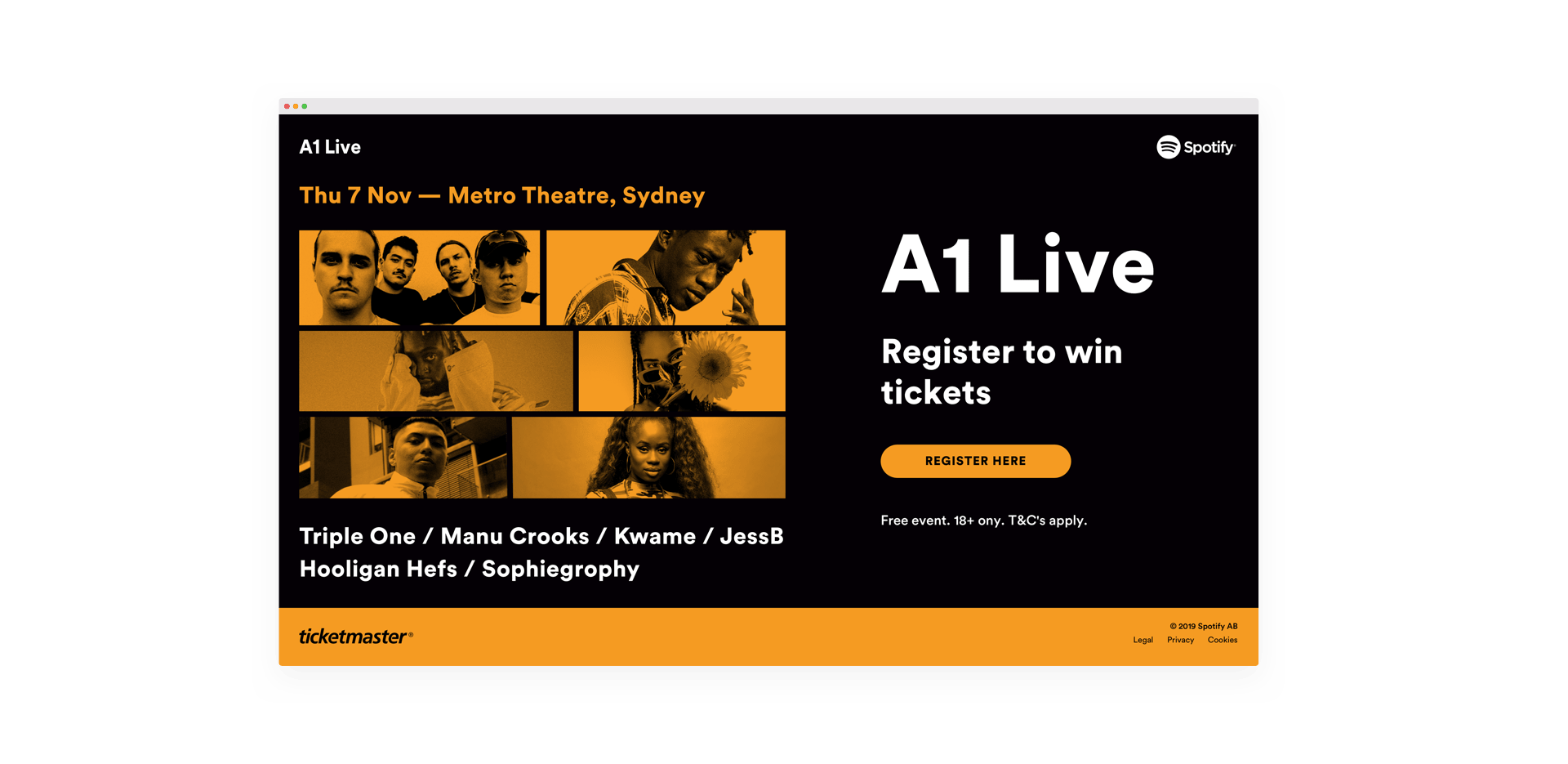 Screenshot of the A1 Live landing page