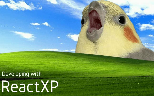 Developing with ReactXP overlaid on Windows XP desktop image with a large bird