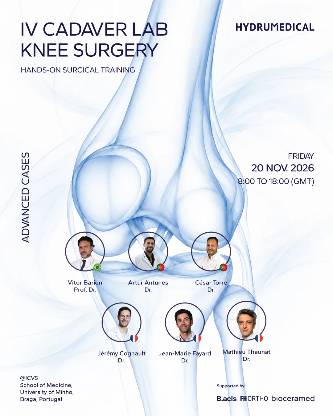 Feature image. Alt text: Programme cover of the IV Cadaver Lab Knee Surgery, showing a blue illustration of the knee joint and the faculty portraits.