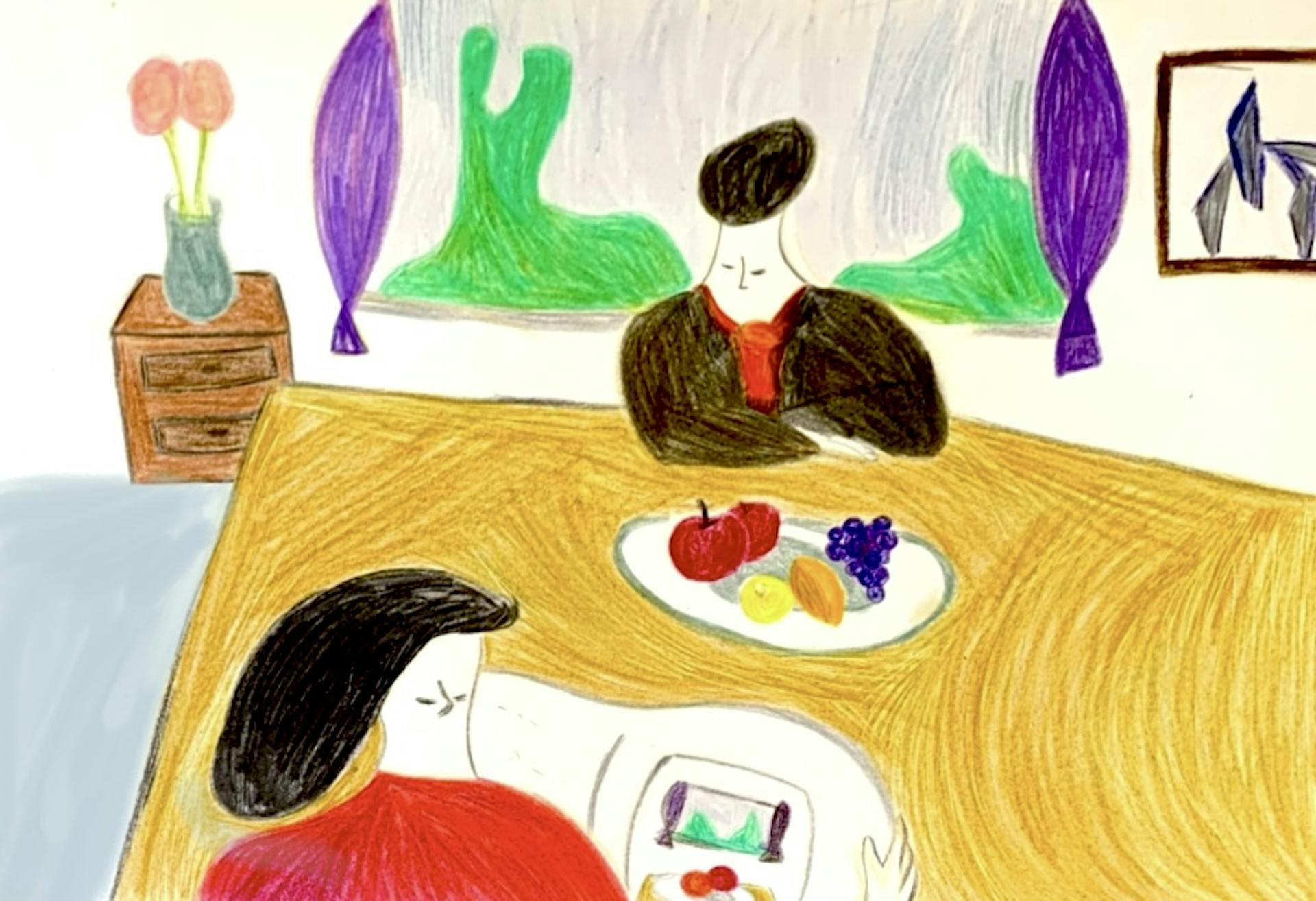 This abstract, colorful drawing depicts two figures at a table with fruit, set in a cozy room with a scenic window view and minimalistic features.