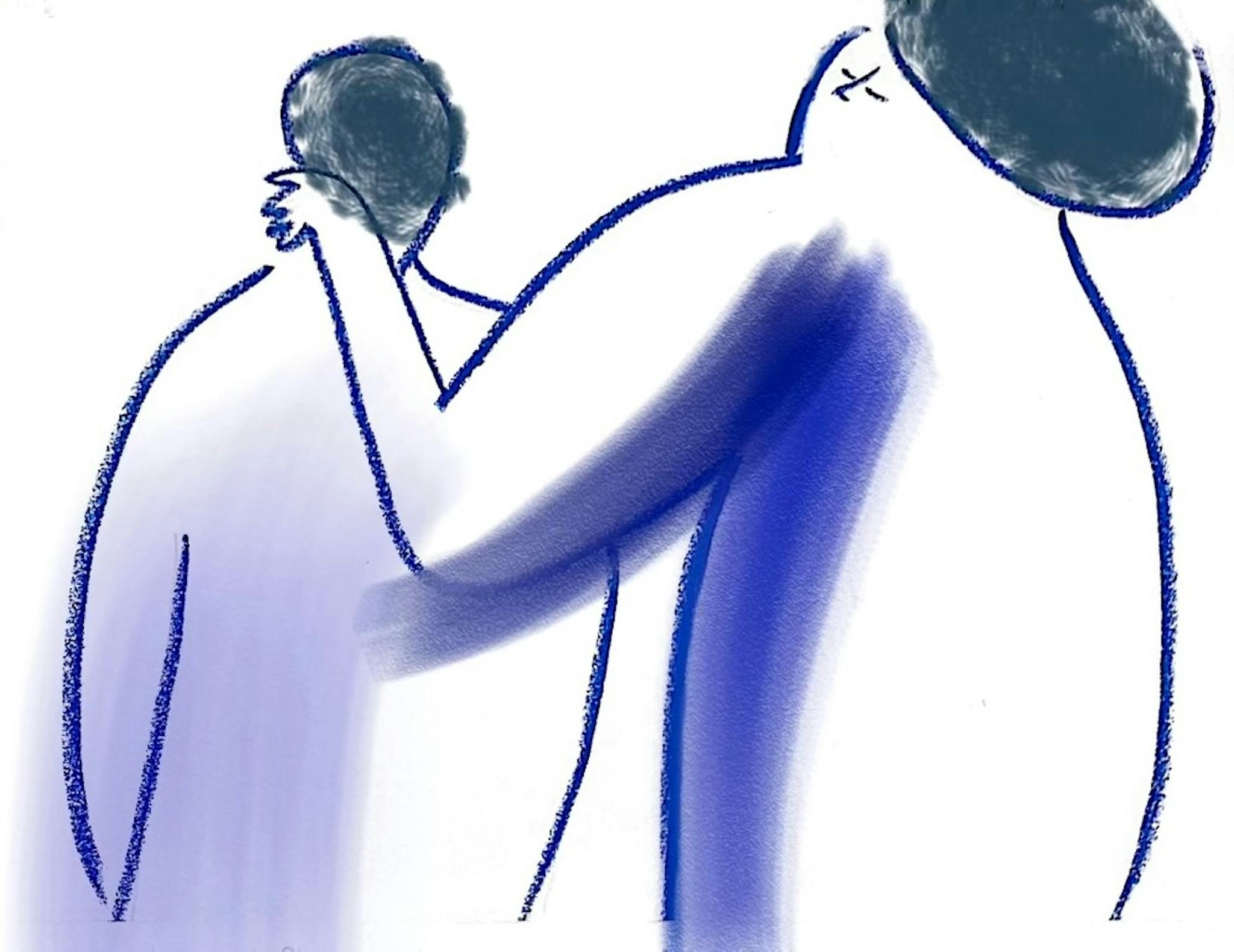 an abstract, stylized illustration featuring two intertwined figures in shades of blue