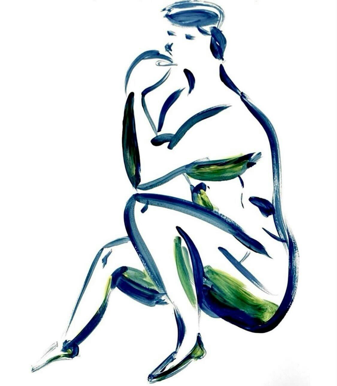 An abstract brushstroke of a human figure in a seated pose