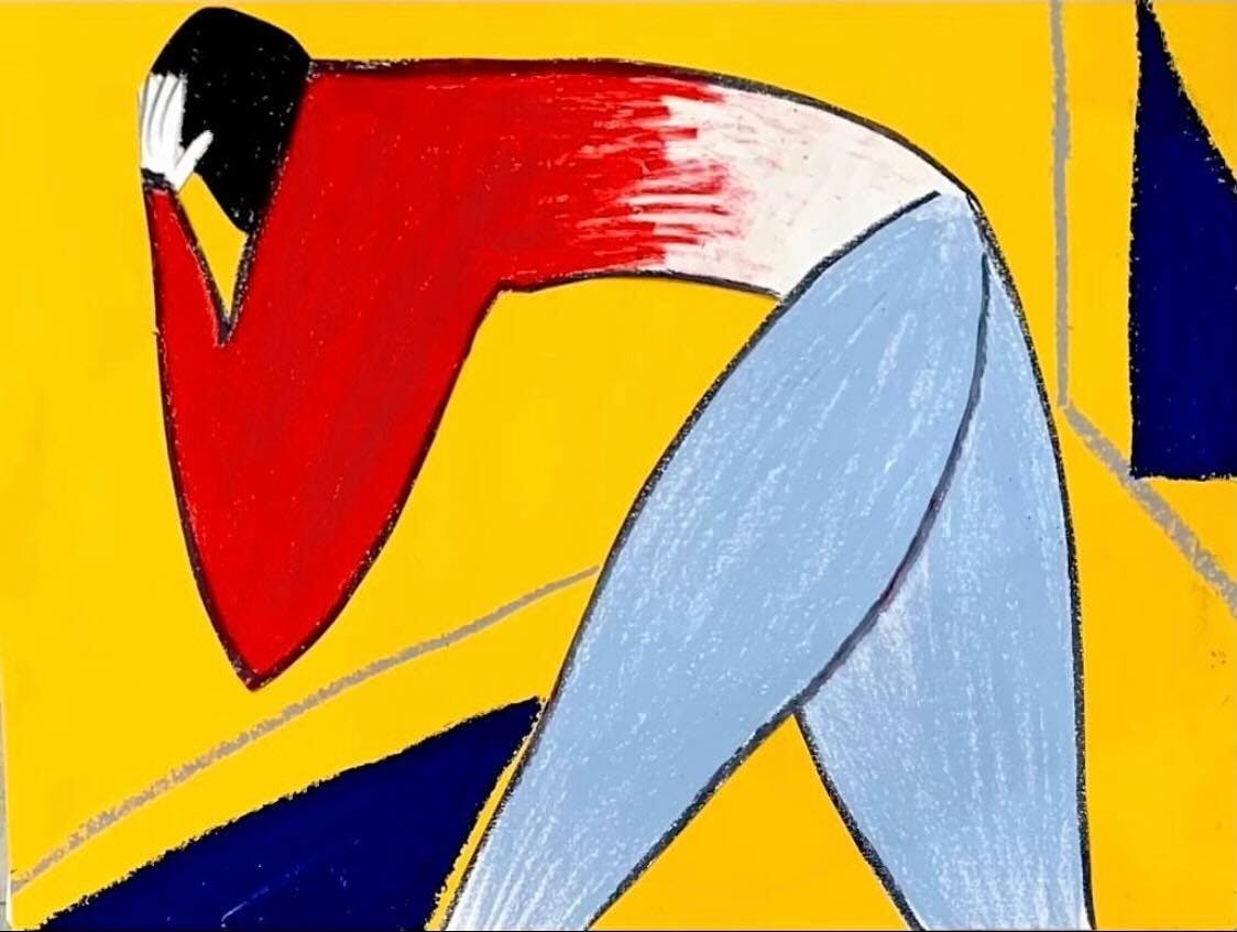An abstract painting of a human figure in a bent-over pose in vivid colors