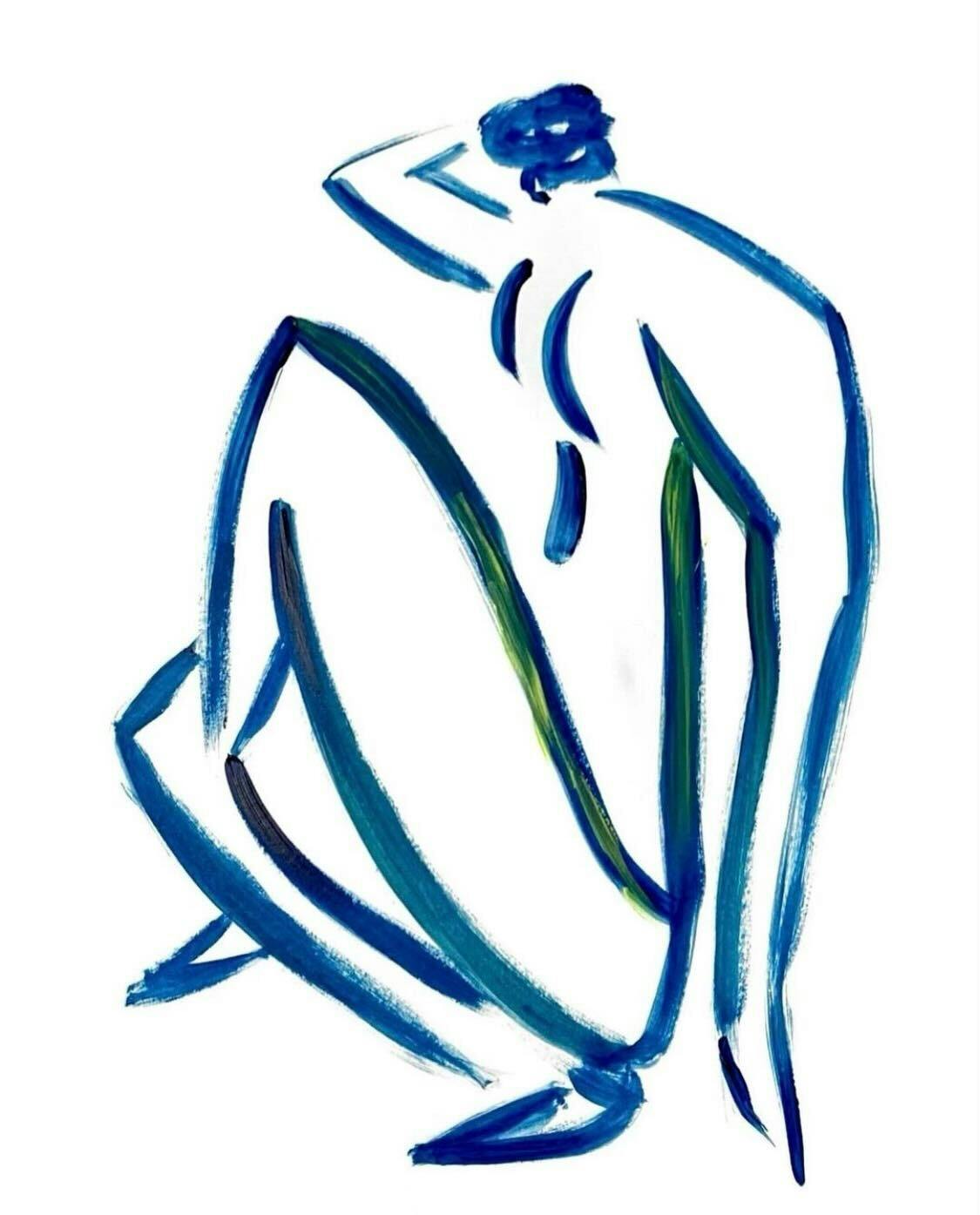 an abstract minimalist painting of a woman in blue strokes
