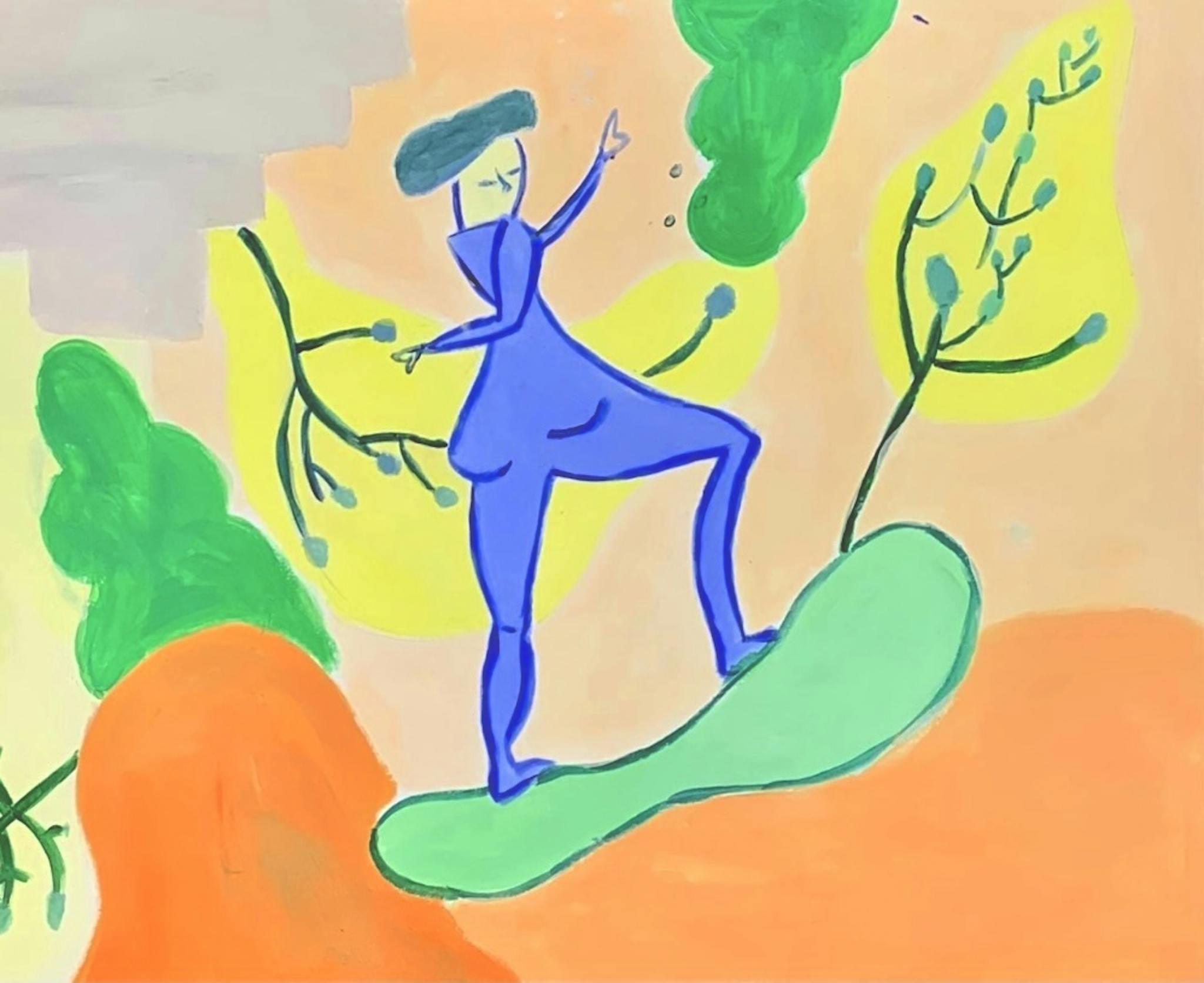 Abstract painting of a human-like figure standing on a green leaf