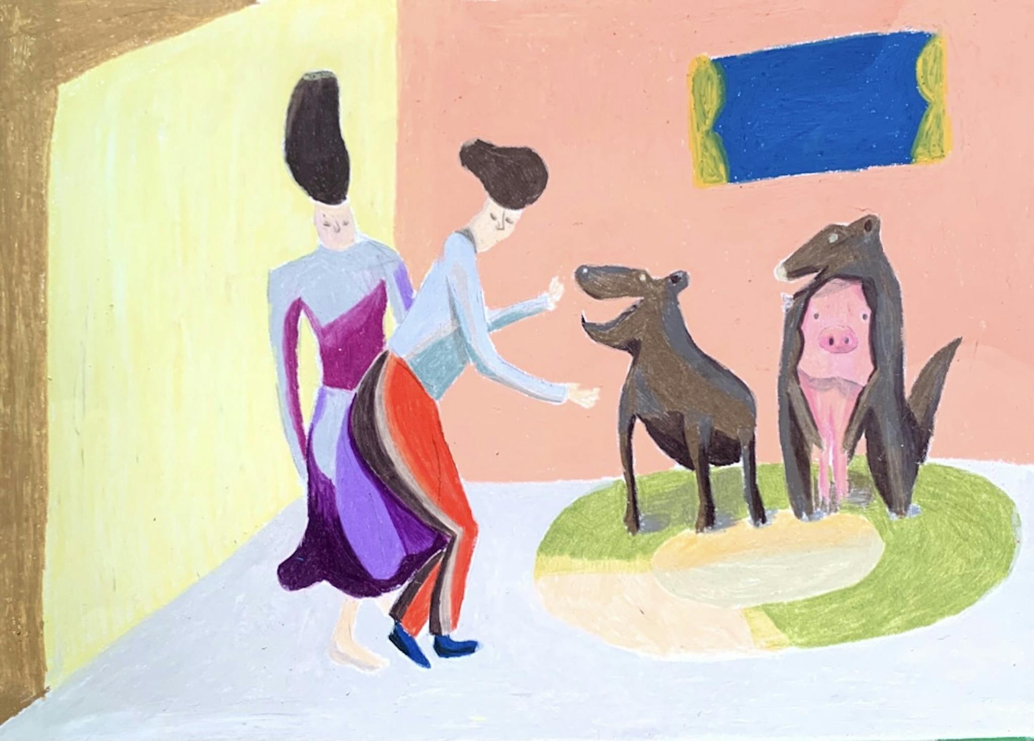 A whimsical picture book illustration featuring two human figures and three animal figures in a simple indoor setting