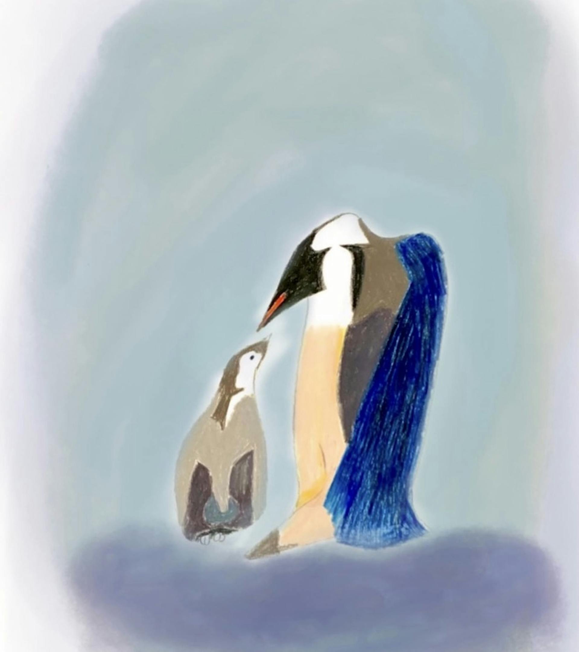 A soft illustration of a penguin family in a muted blue background