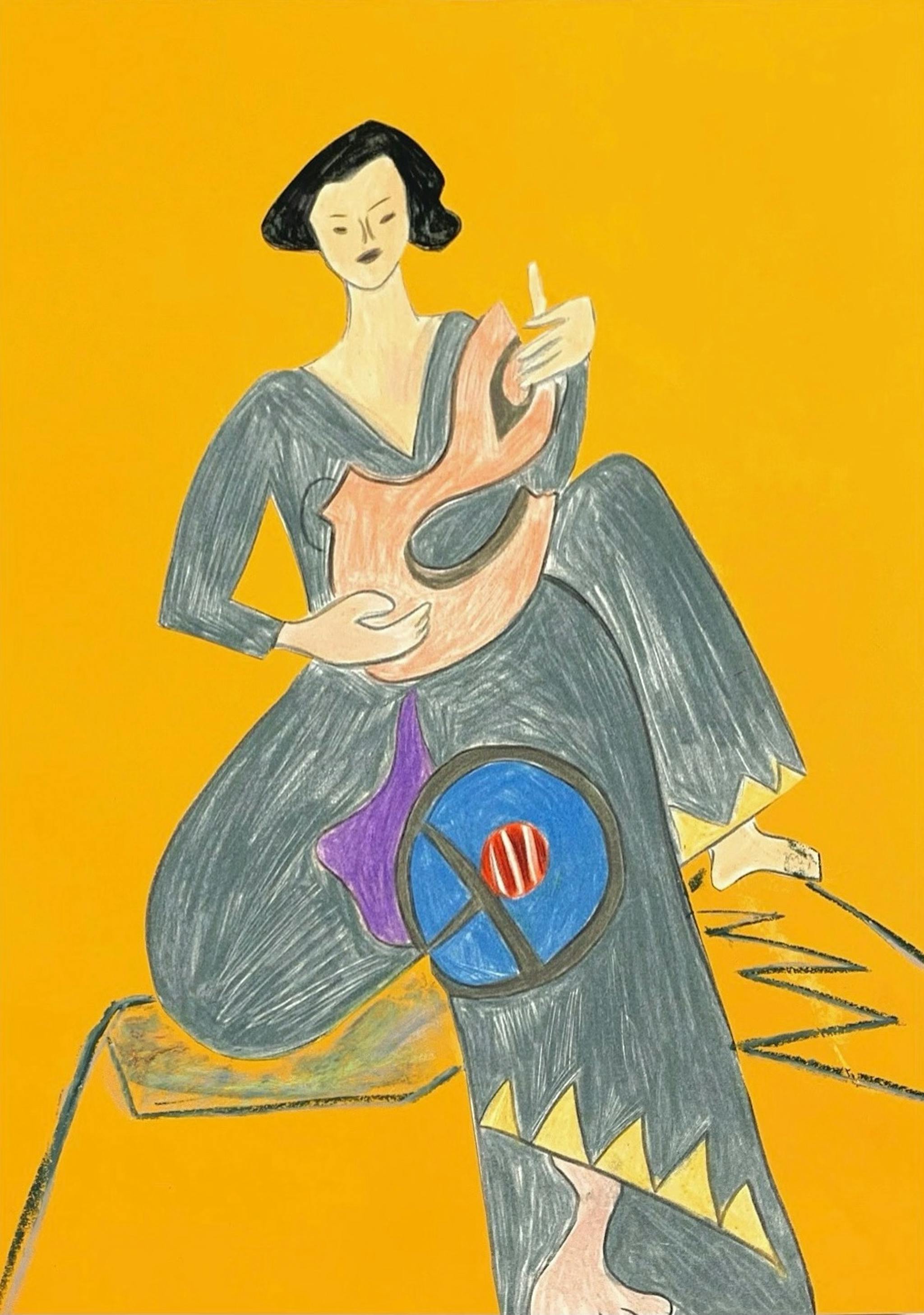 Abstract illustration of a sitting woman with a vibrant yellow background