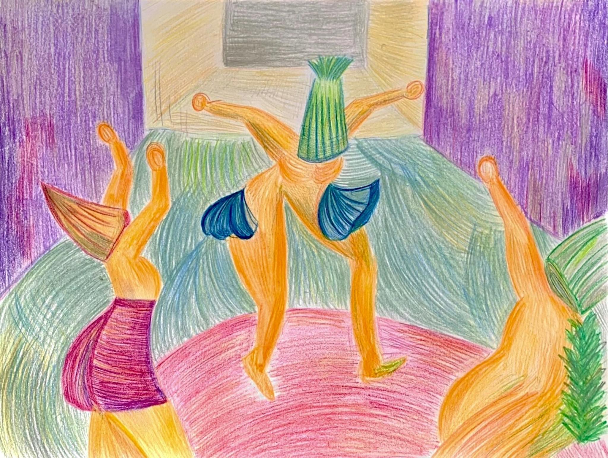 A vibrant, abstract illustration depicting four humans in dynamic, dance poses.