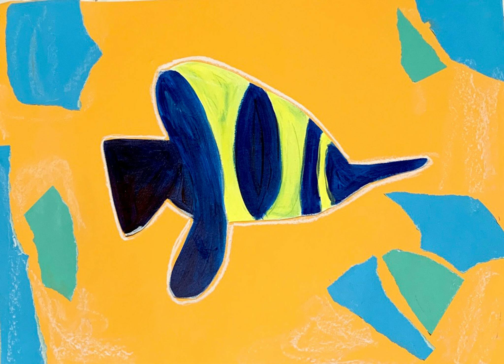 a stylized, abstract black and yellow stripes fish with coral reefs in a bright orange background 