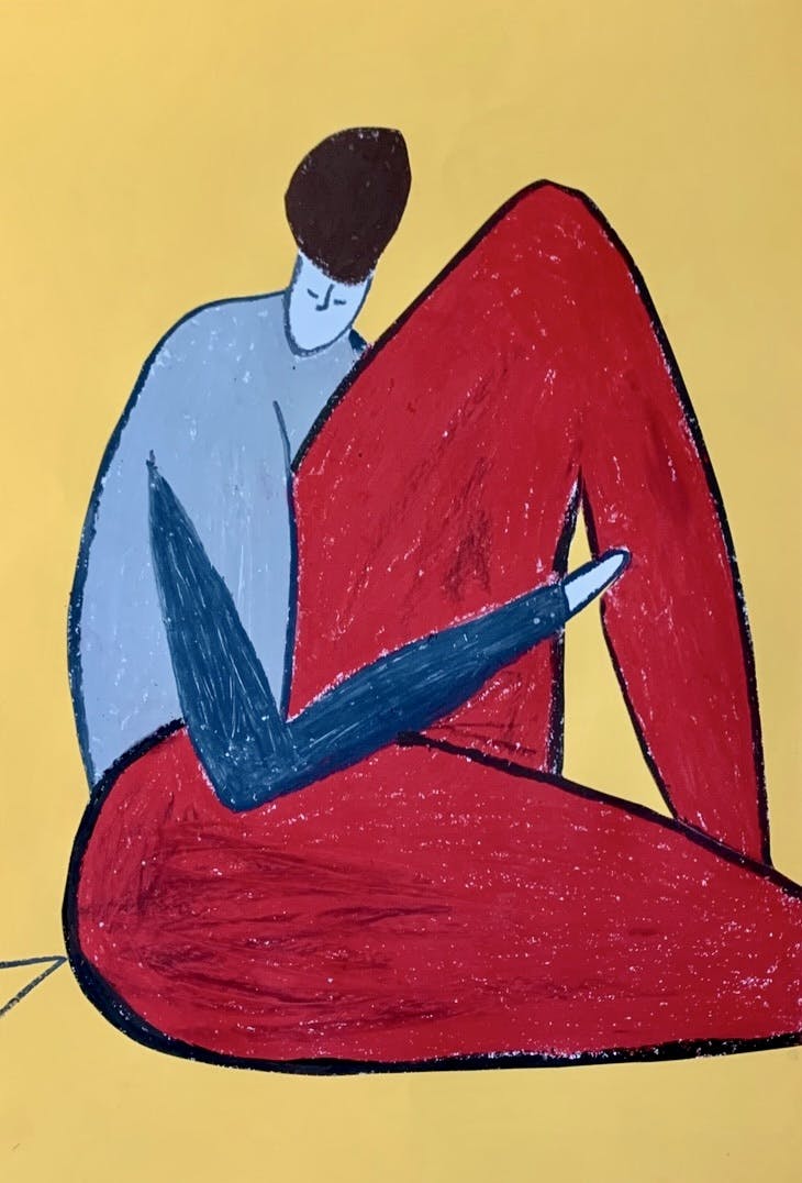 The composition contrasts a bold red lower half against a muted blue torso, with the figure's folded posture shows a moment of strength.