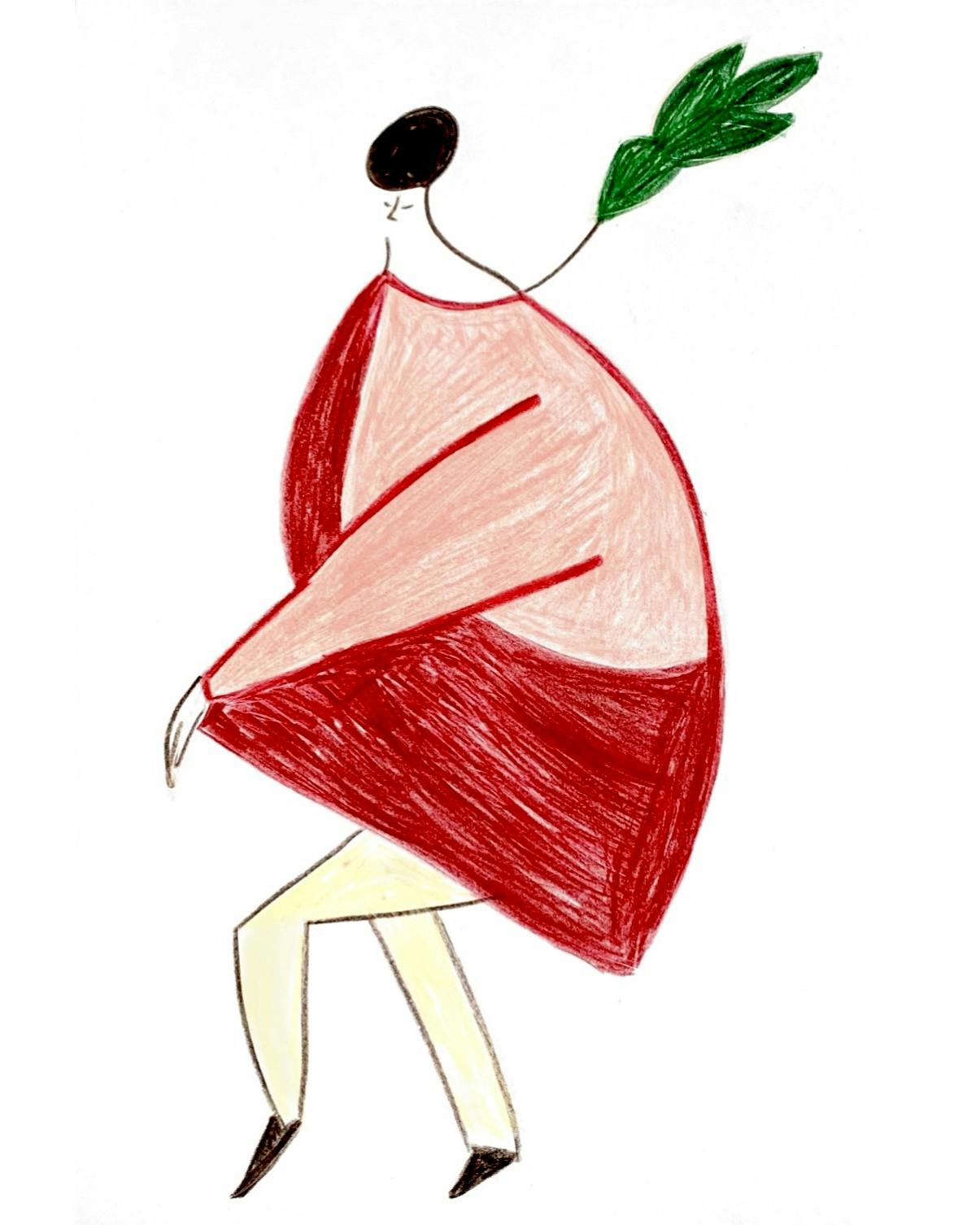 A flowing figure in a vibrant red garment dances gracefully, with a green leaf sprouting from her, symbolizing joy, vitality, and a connection to nature.