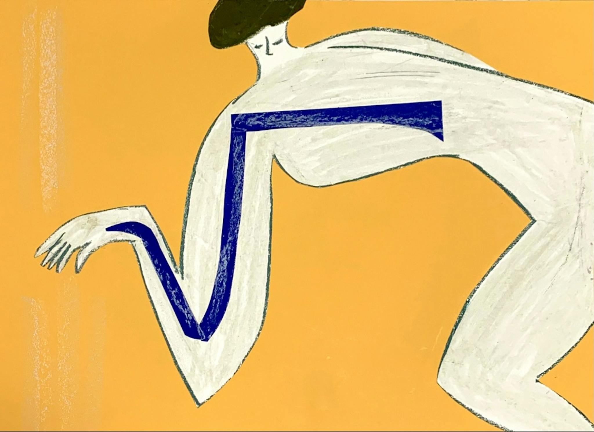 An abstract figure on yellow with a bold blue square root symbol integrated into its form.