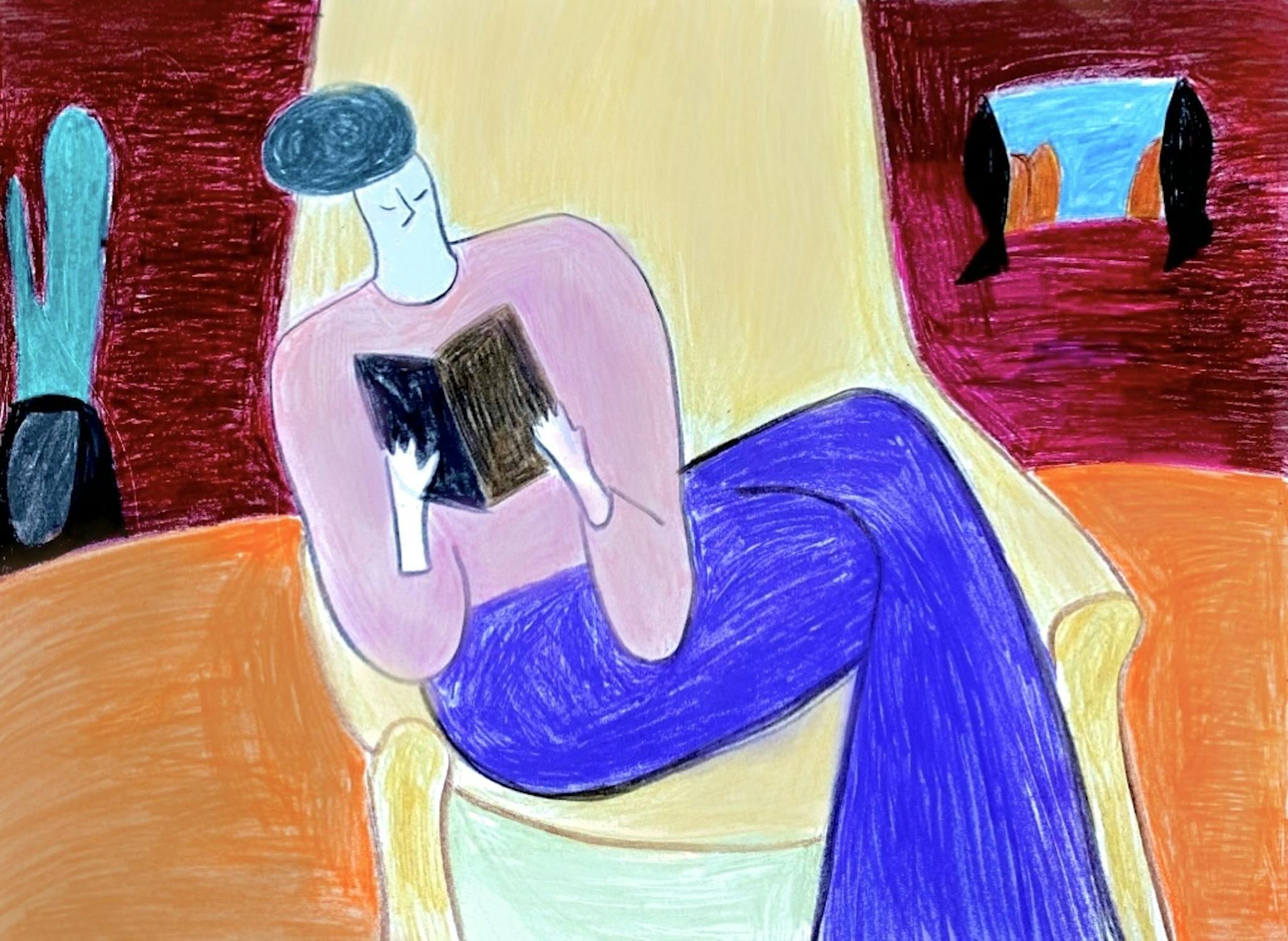  portrays a serene moment of an abstract figure immersed in reading, seated in a cozy chair, surrounded by warm and vibrant hues that evoke calm and introspection.