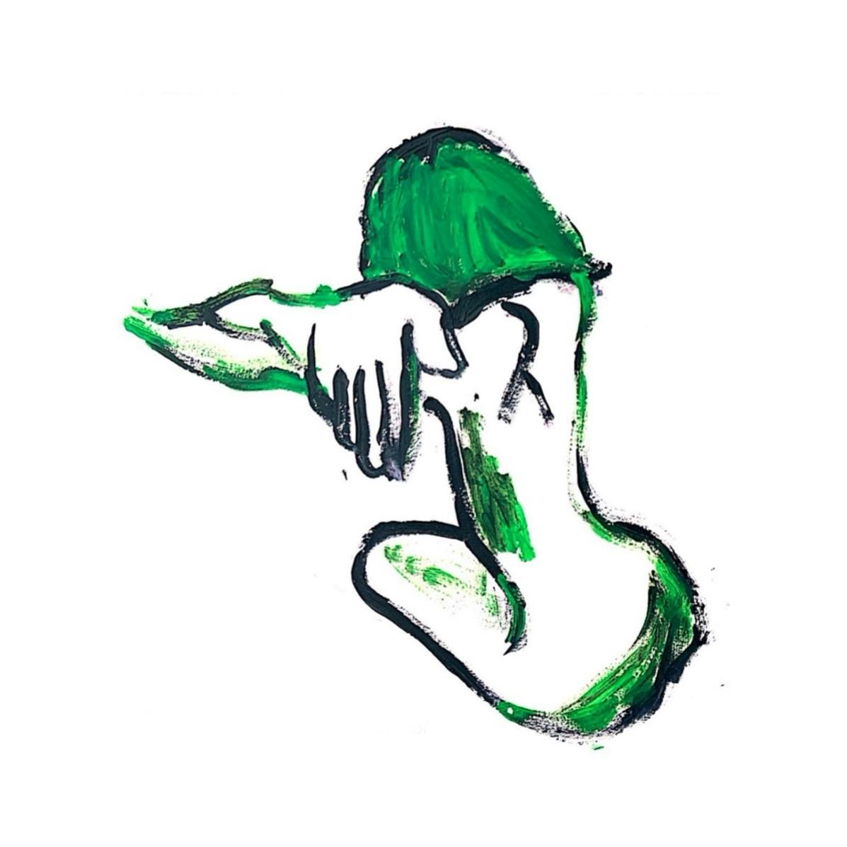 This artwork uses bold green and black brushstrokes to depict an abstract, introspective figure, capturing a moment of solitude and self-reflection within a minimalist, open composition.